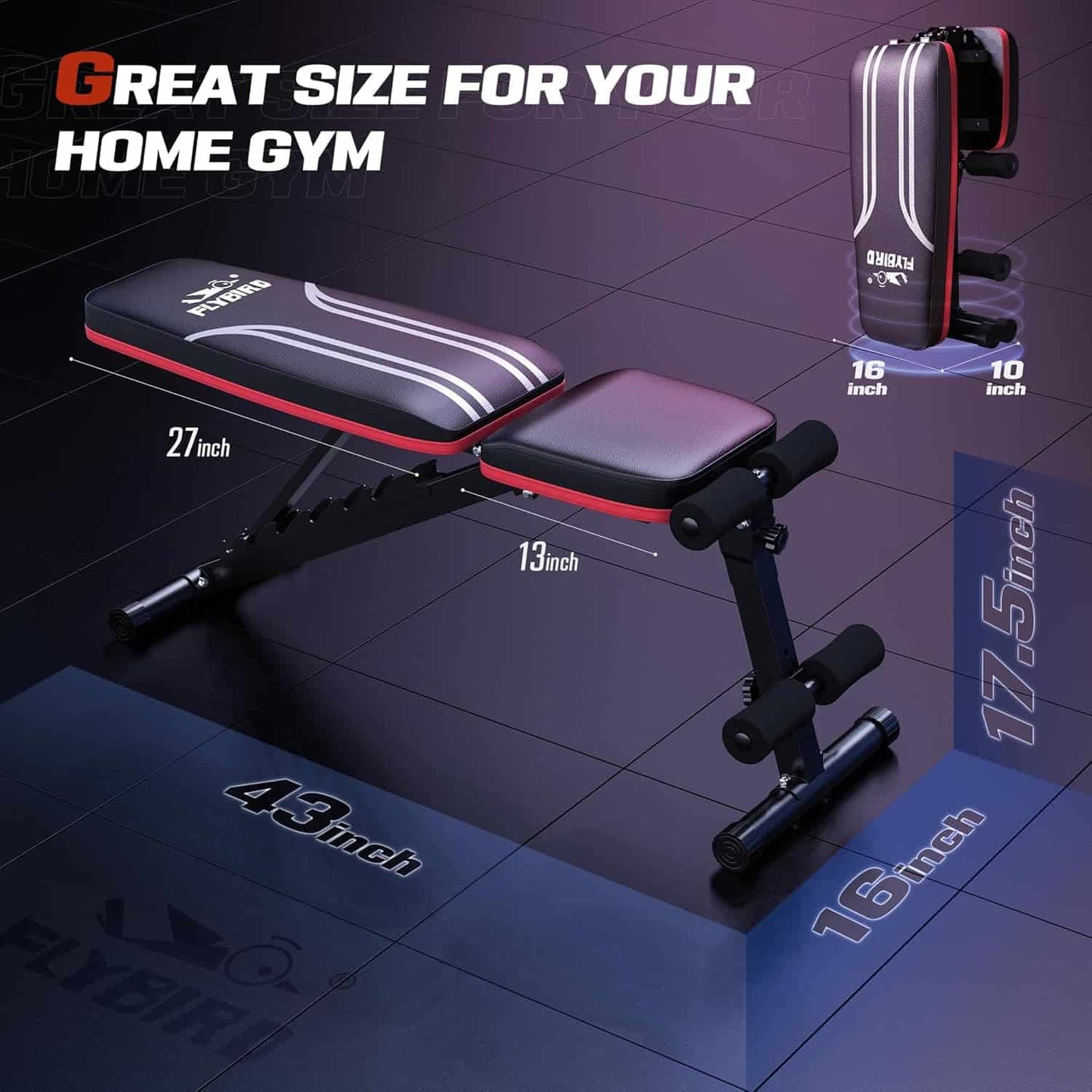 Dumbbell bench with dimensions labeled on a dark tiled background