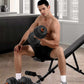 Man exercising with adjustable dumbbells in a home gym setting, featuring the Feierdun brand.