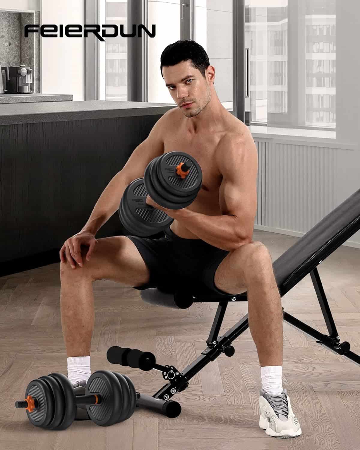 Man exercising with adjustable dumbbells in a home gym setting, featuring the Feierdun brand.