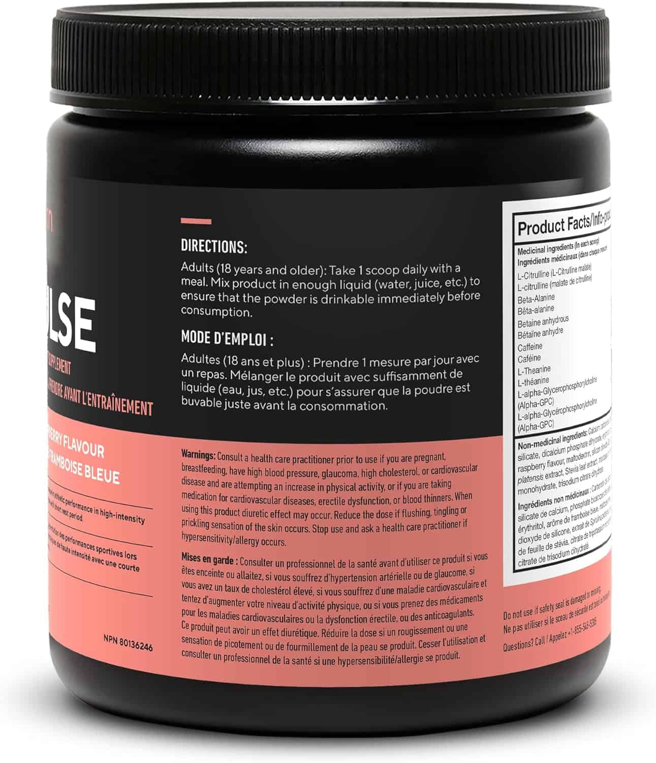 Black supplement container with red label on a white background