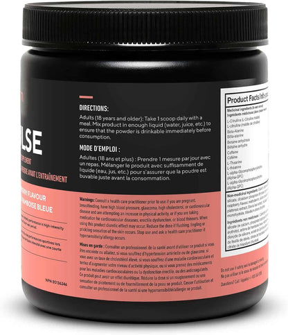 Black supplement container with red label on a white background