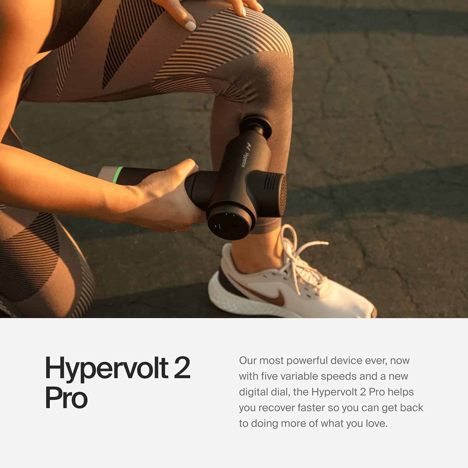 Person using a Hypervolt 2 Pro device on their leg with promotional text below.