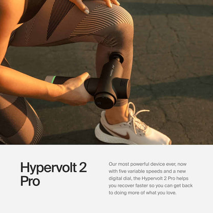 Person using a Hypervolt 2 Pro device on their leg with promotional text below.