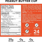 Nutrition label for a peanut butter cup with ingredients and health benefits on an orange background.