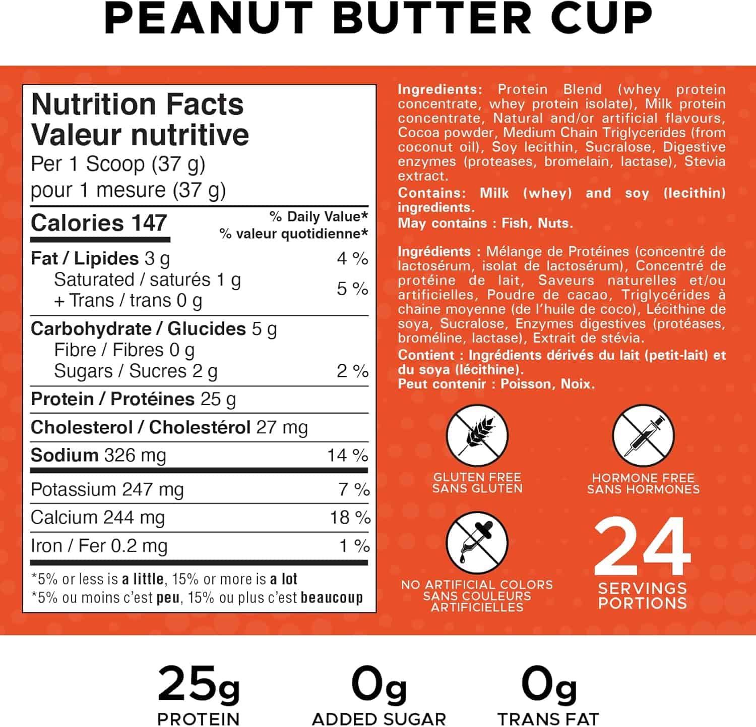 Nutrition label for a peanut butter cup with ingredients and health benefits on an orange background.