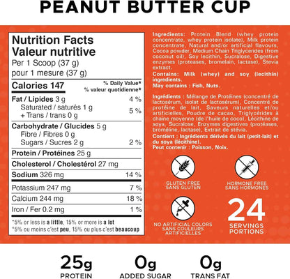 Nutrition label for a peanut butter cup with ingredients and health benefits on an orange background.