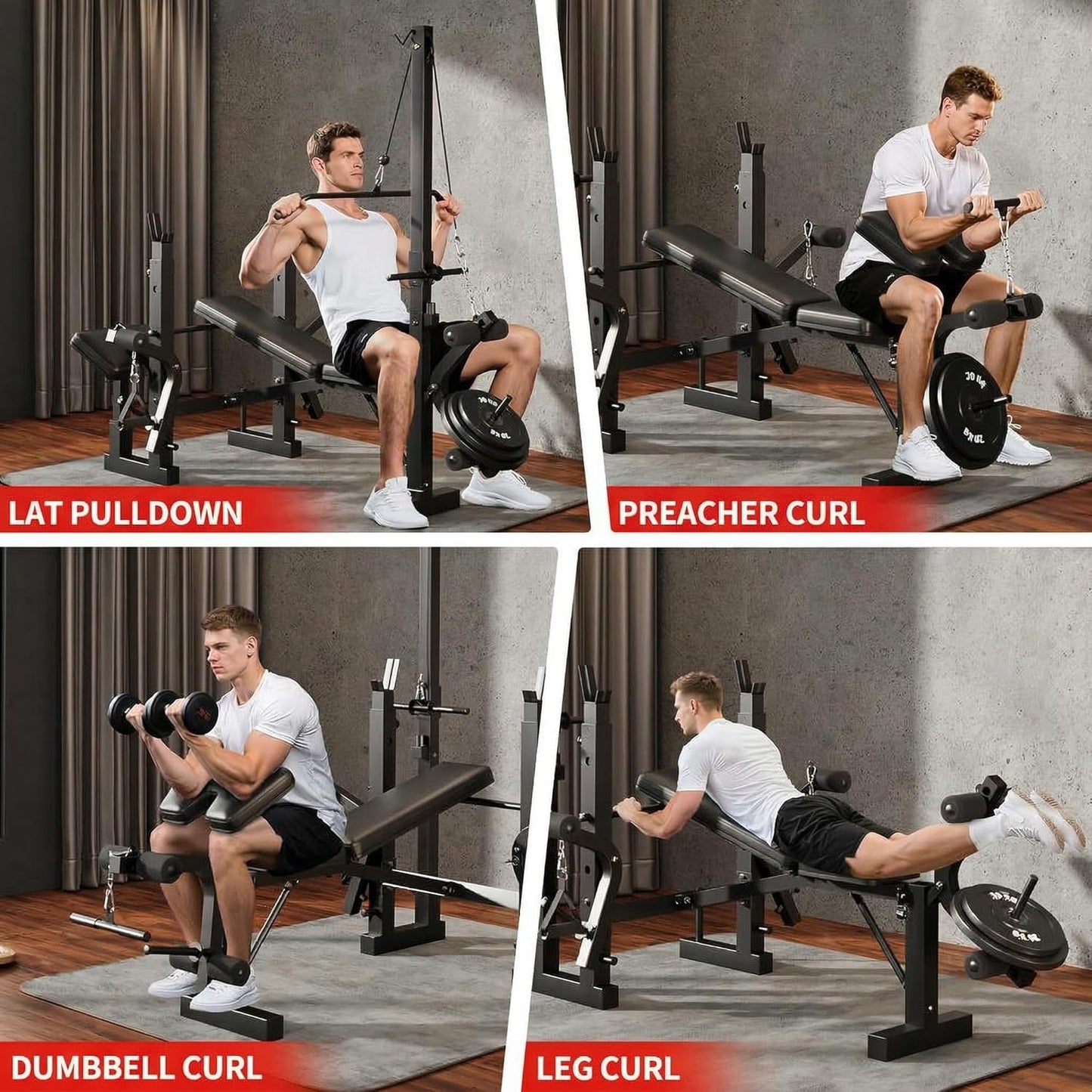 Man performing various gym exercises using a cable machine in a home gym setting.