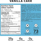 Nutrition label for vanilla cake with protein content and health benefits.