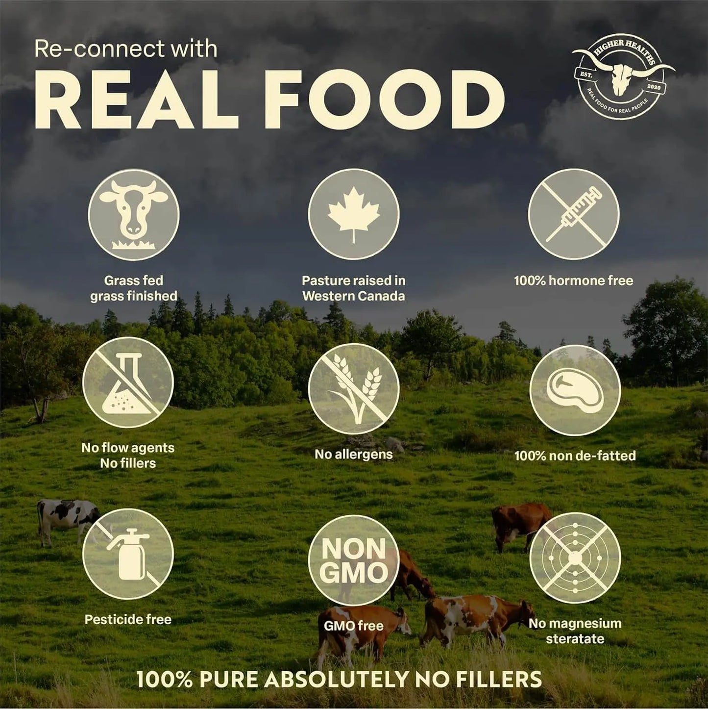 Advertisement for 'Real Food' with icons and text about farming practices on a background of cows in a field.