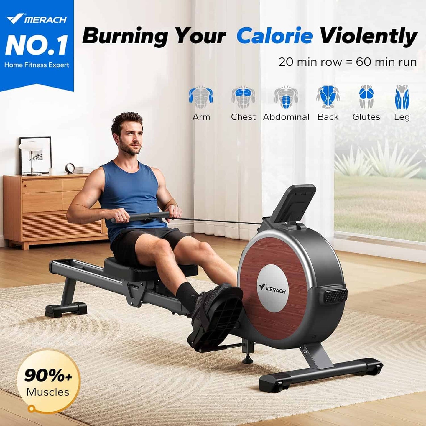 Man using a rowing machine in a home setting with Merach branding.