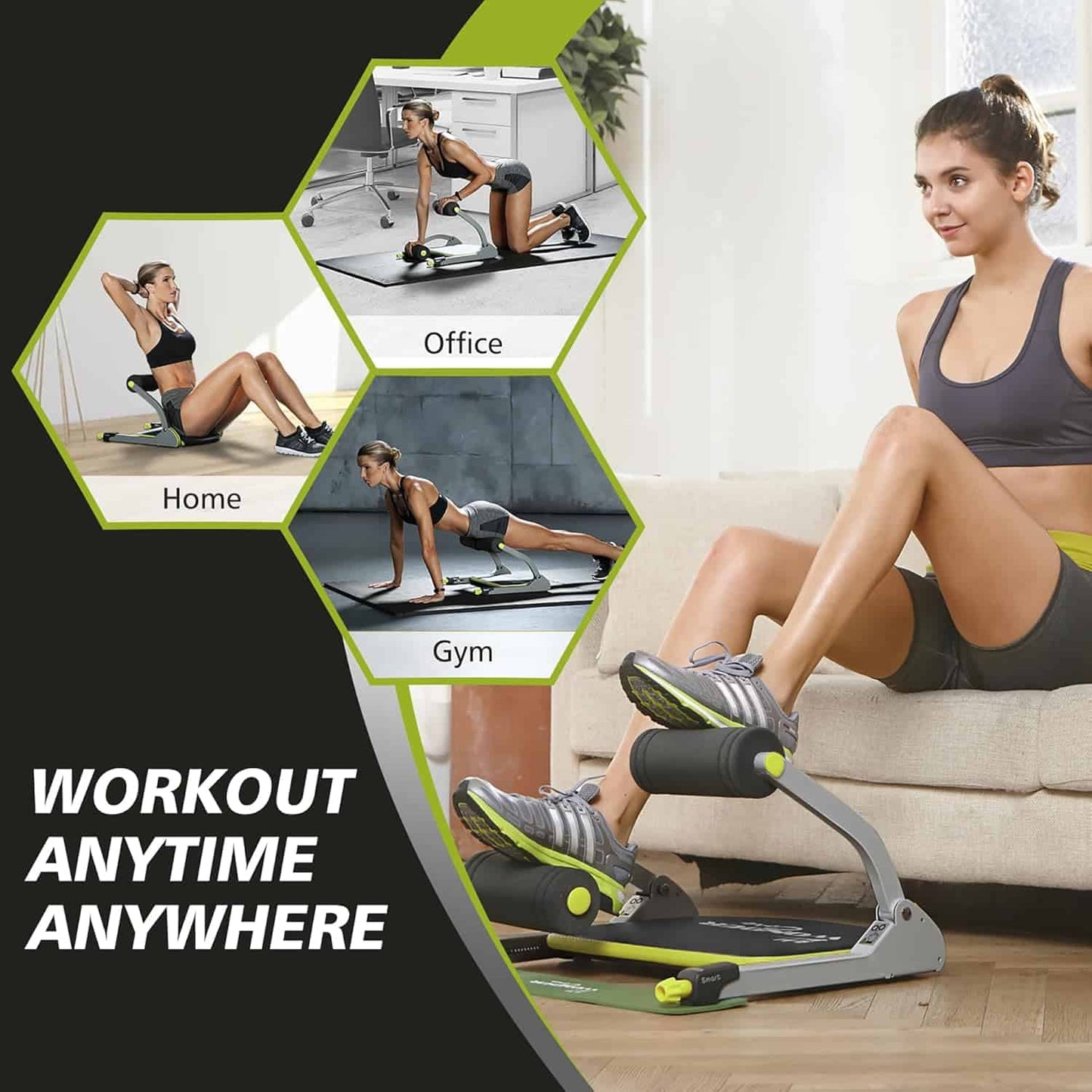 Woman using a step machine with workout scenarios shown around her