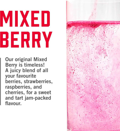 Advertisement for mixed berry flavor with pink liquid and text on a white background