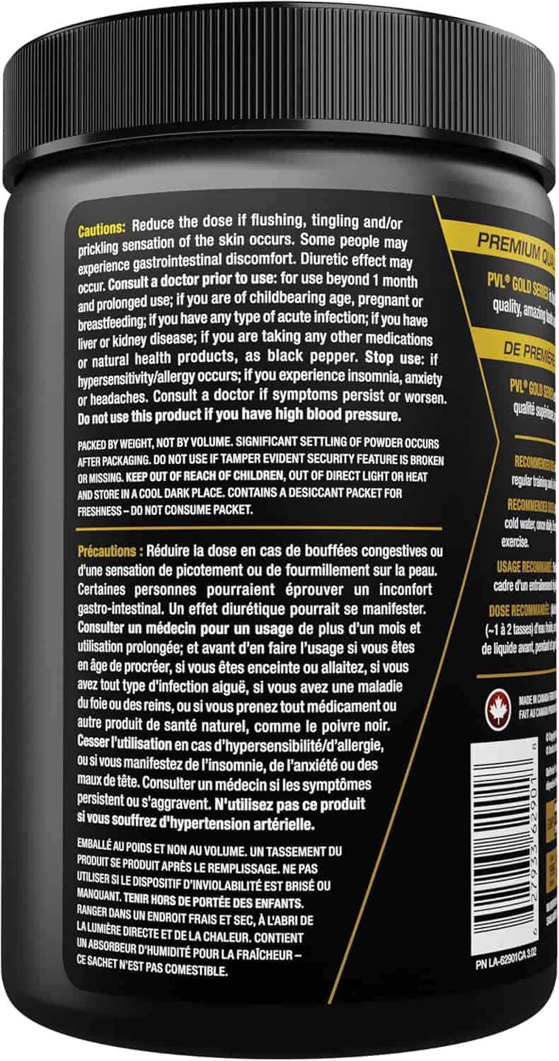 Black supplement container with yellow text on a black background