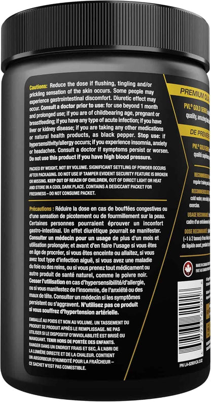 Black supplement container with yellow text on a black background