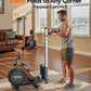 Man using a compact exercise bike in a living room with text highlighting its portability.