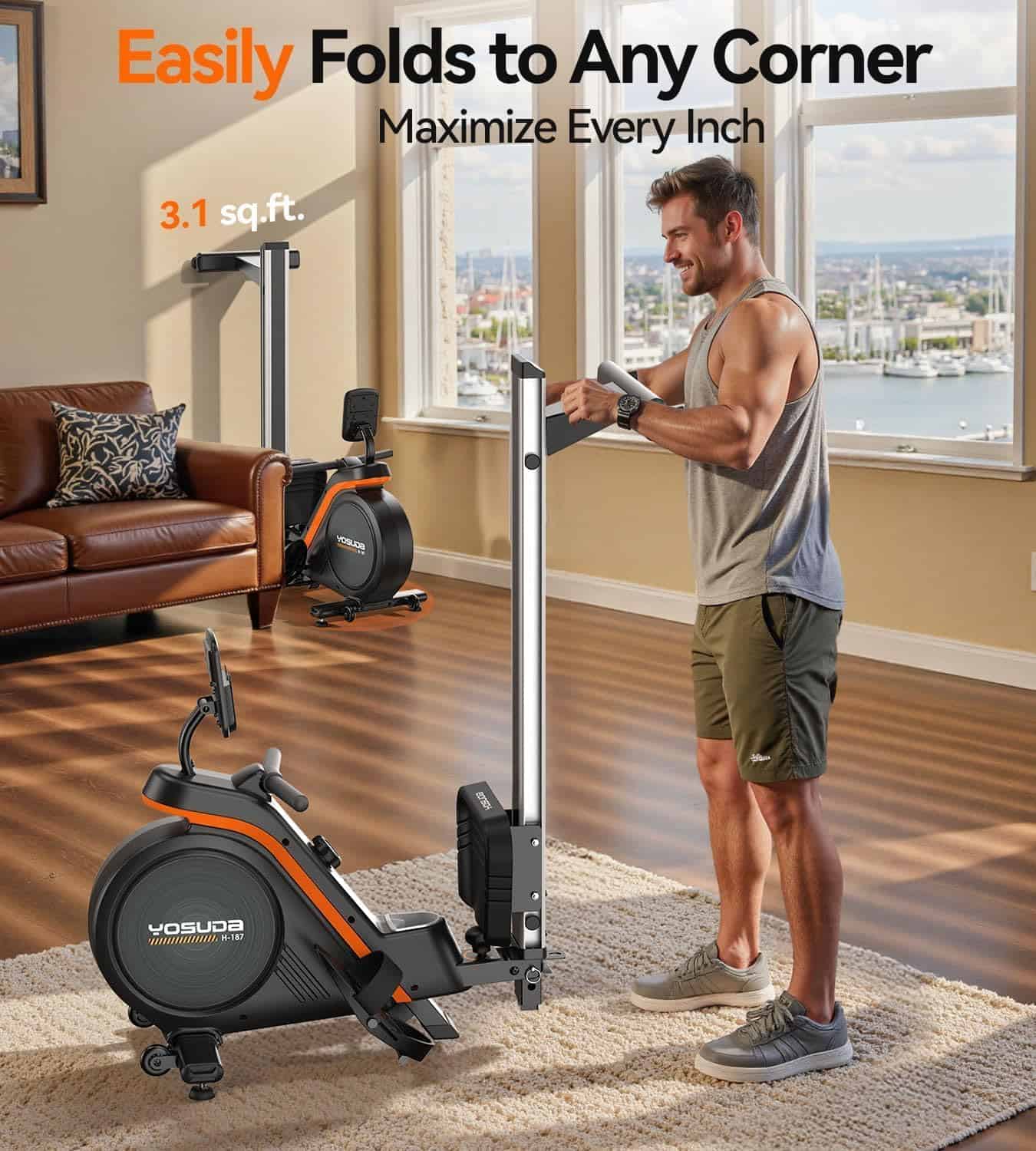 Man using a compact exercise bike in a living room with text highlighting its portability.