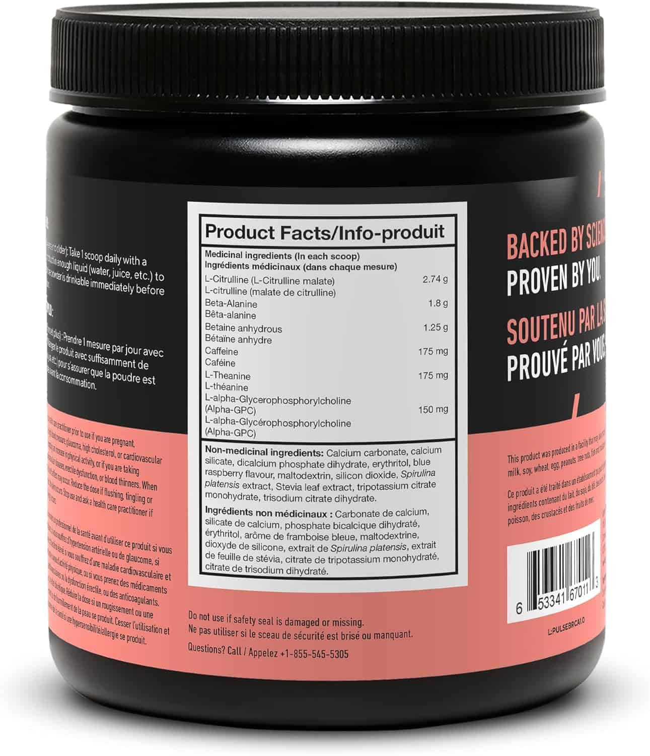 Black supplement container with product facts label on a white background