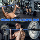 Collage of a man using a home gym Olympic bar with text overlay.