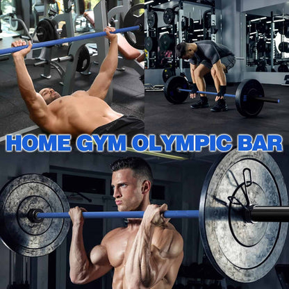 Collage of a man using a home gym Olympic bar with text overlay.