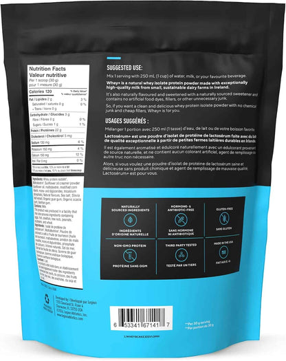 Back view of a protein powder package with text and labels.