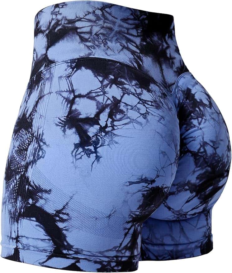 Blue and black tie-dye shorts on a white background