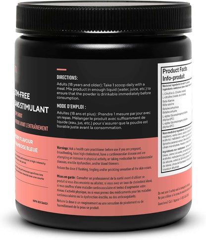 Black supplement container with red label and white text on a white background