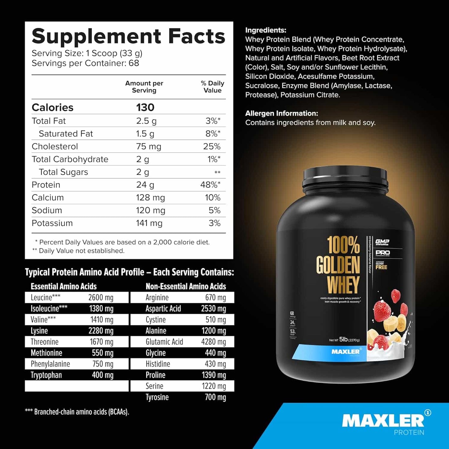 Maxler 100% Golden Whey protein supplement with nutritional facts and ingredients list on a black background.