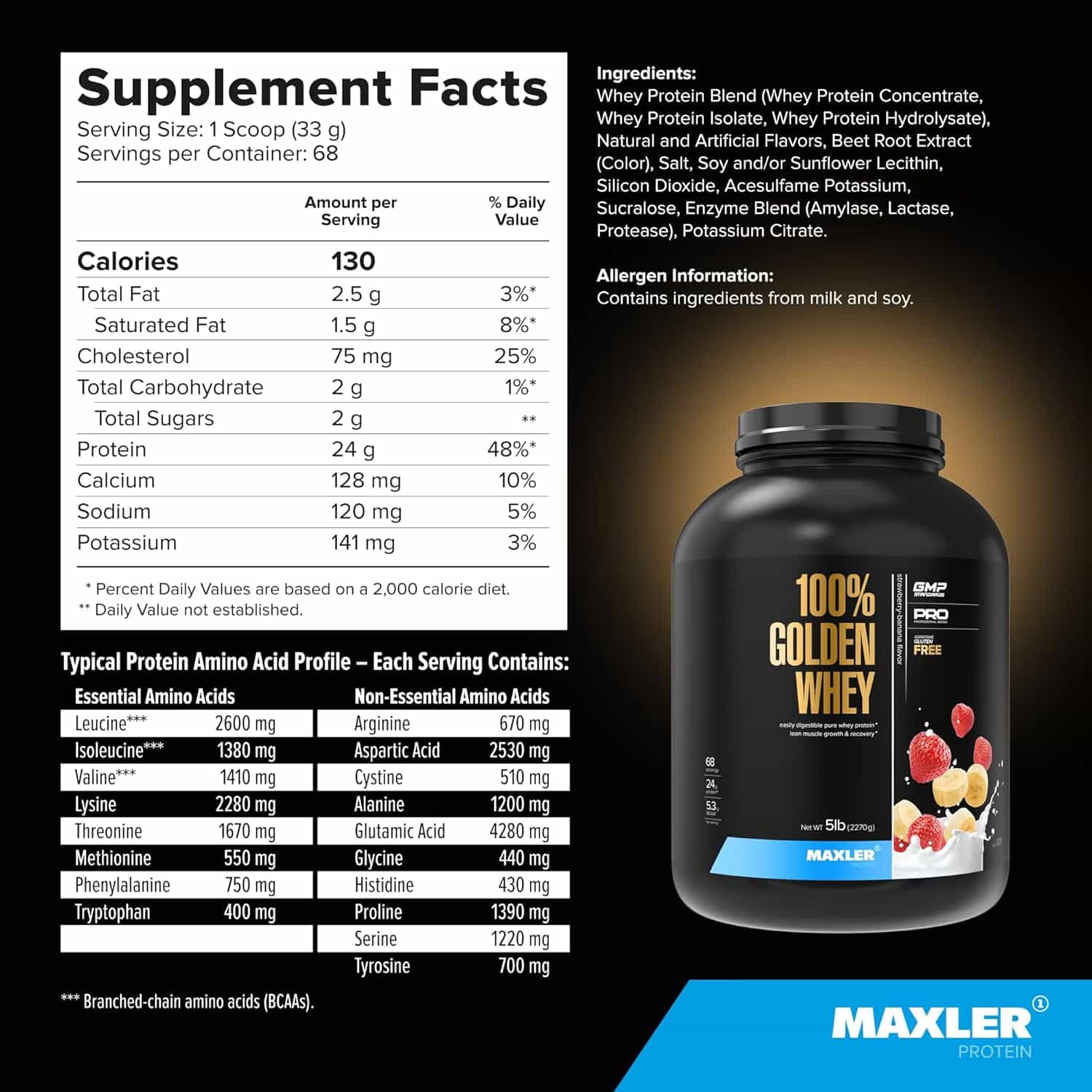 Maxler 100% Golden Whey protein supplement with nutritional facts and ingredients list on a black background.