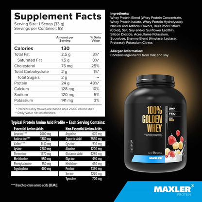 Maxler 100% Golden Whey protein supplement with nutritional facts and ingredients list on a black background.