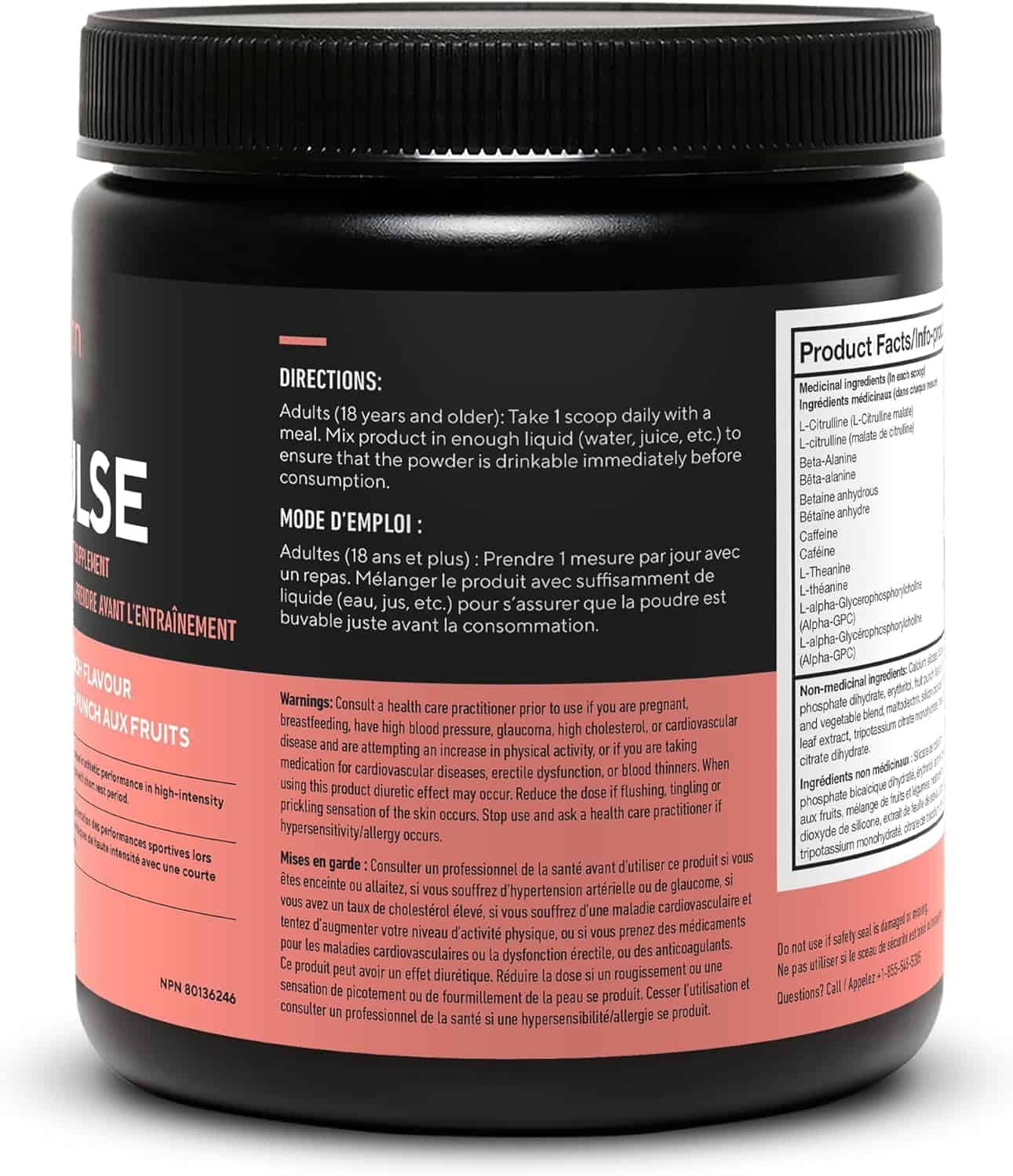 Black supplement container with red label on a white background