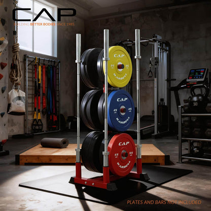 Gym setting with weight rack and CAP branded weights
