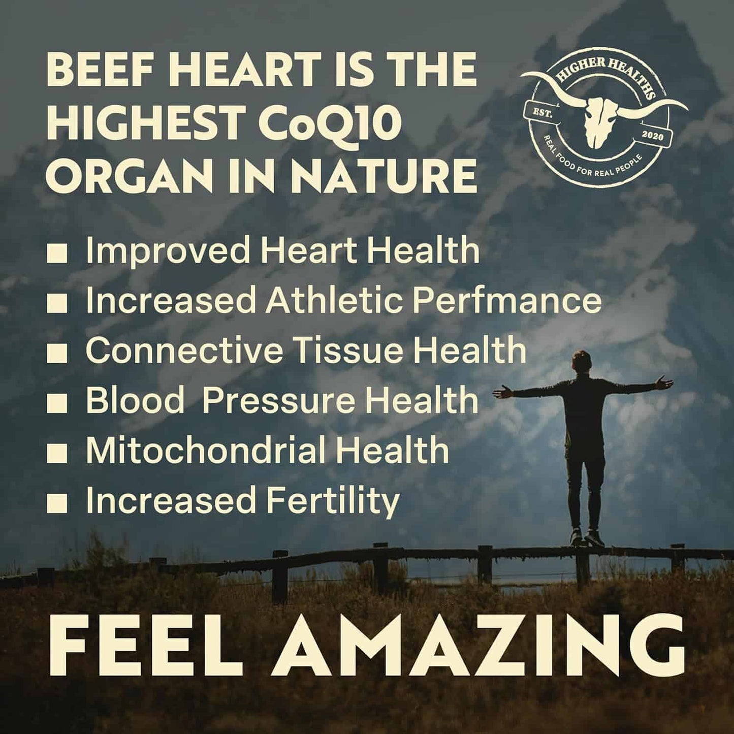 Advertisement for beef heart with health benefits and a silhouette of a person on a mountain.