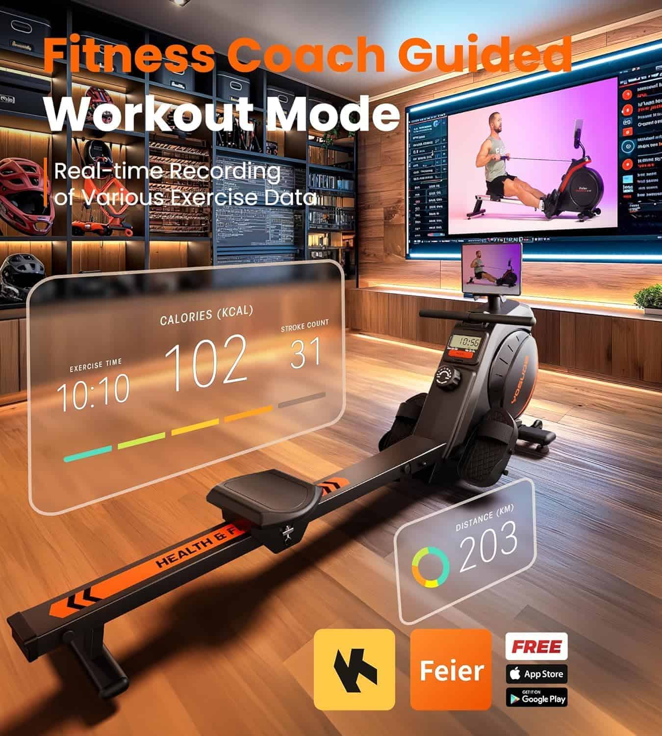 Rowing machine with digital display in a home gym setting, featuring fitness coach guided workout mode.