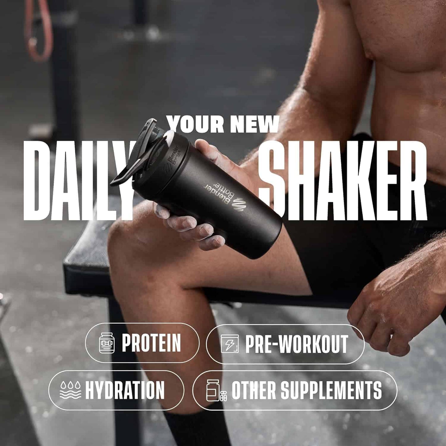 Person holding a black shaker bottle with text promoting its use for protein, pre-workout, hydration, and other supplements.