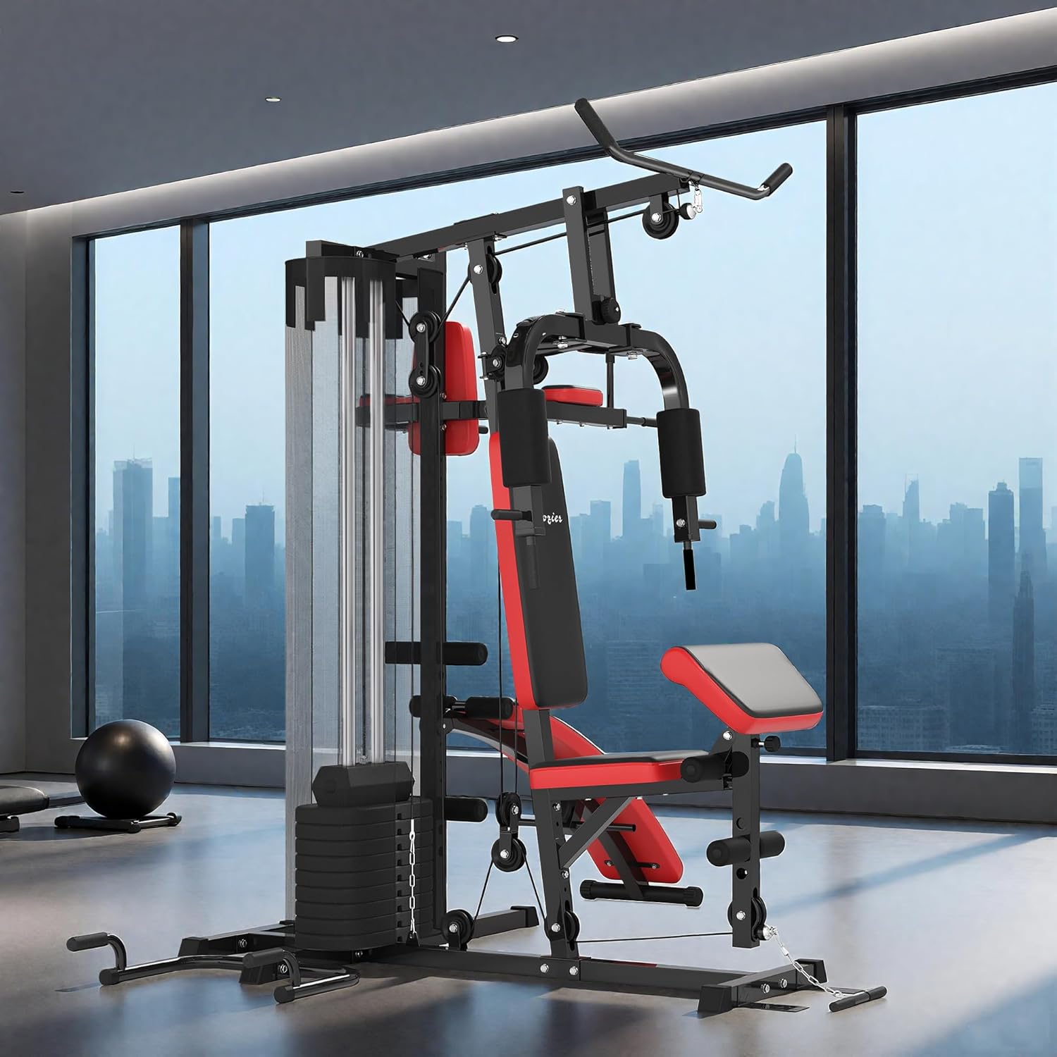 Gym equipment with a cityscape view through large windows