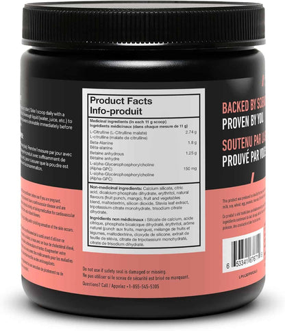 Back label of a supplement container with product facts and branding details.