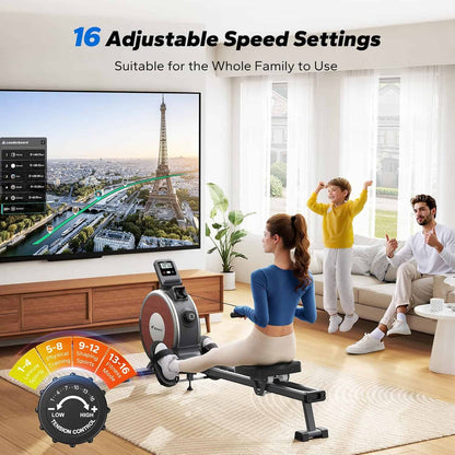 Woman using a rowing machine in a living room with a TV displaying the Eiffel Tower.