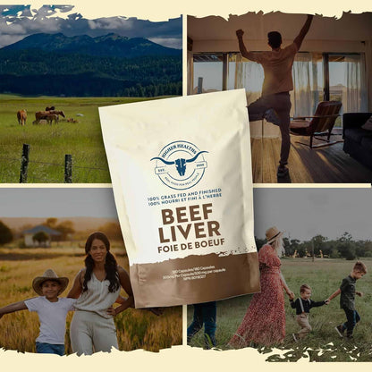 Collage of images including a mountain landscape, a person in a room, a family on a farm, and a product packaging with text.