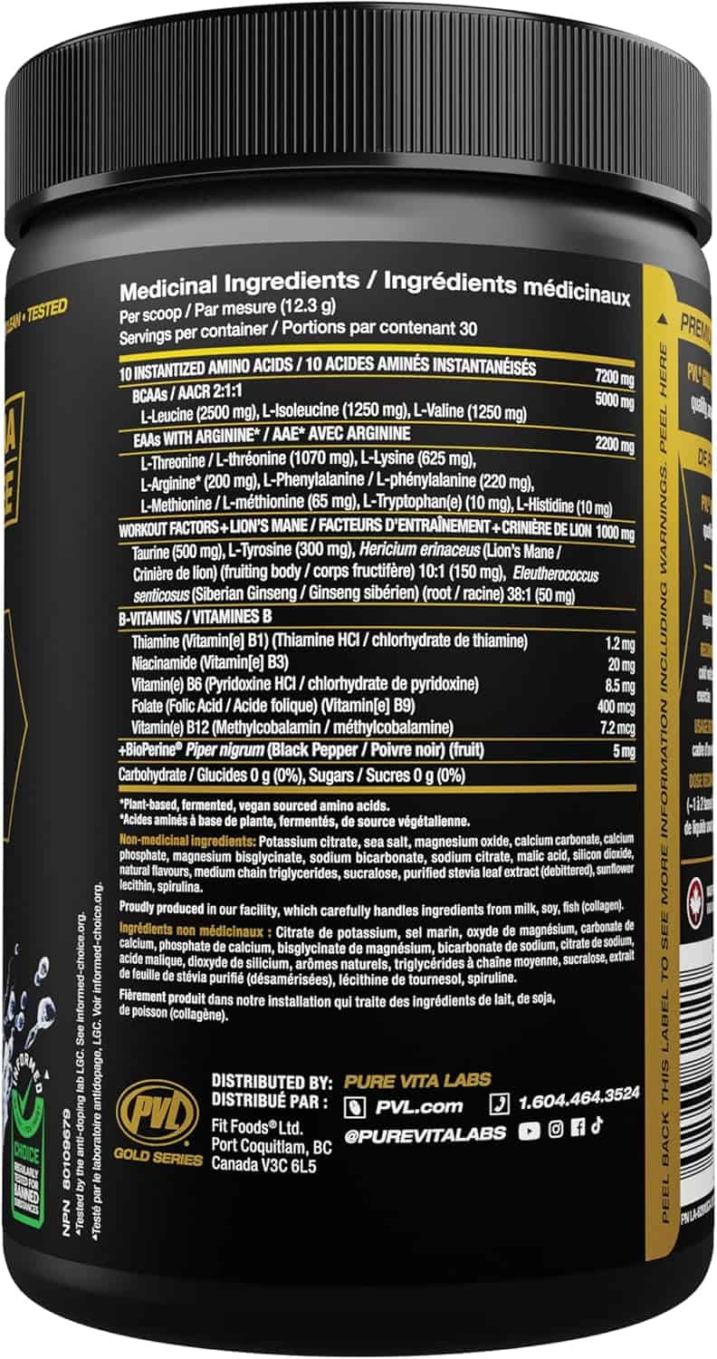 Black supplement container with yellow text on a white background