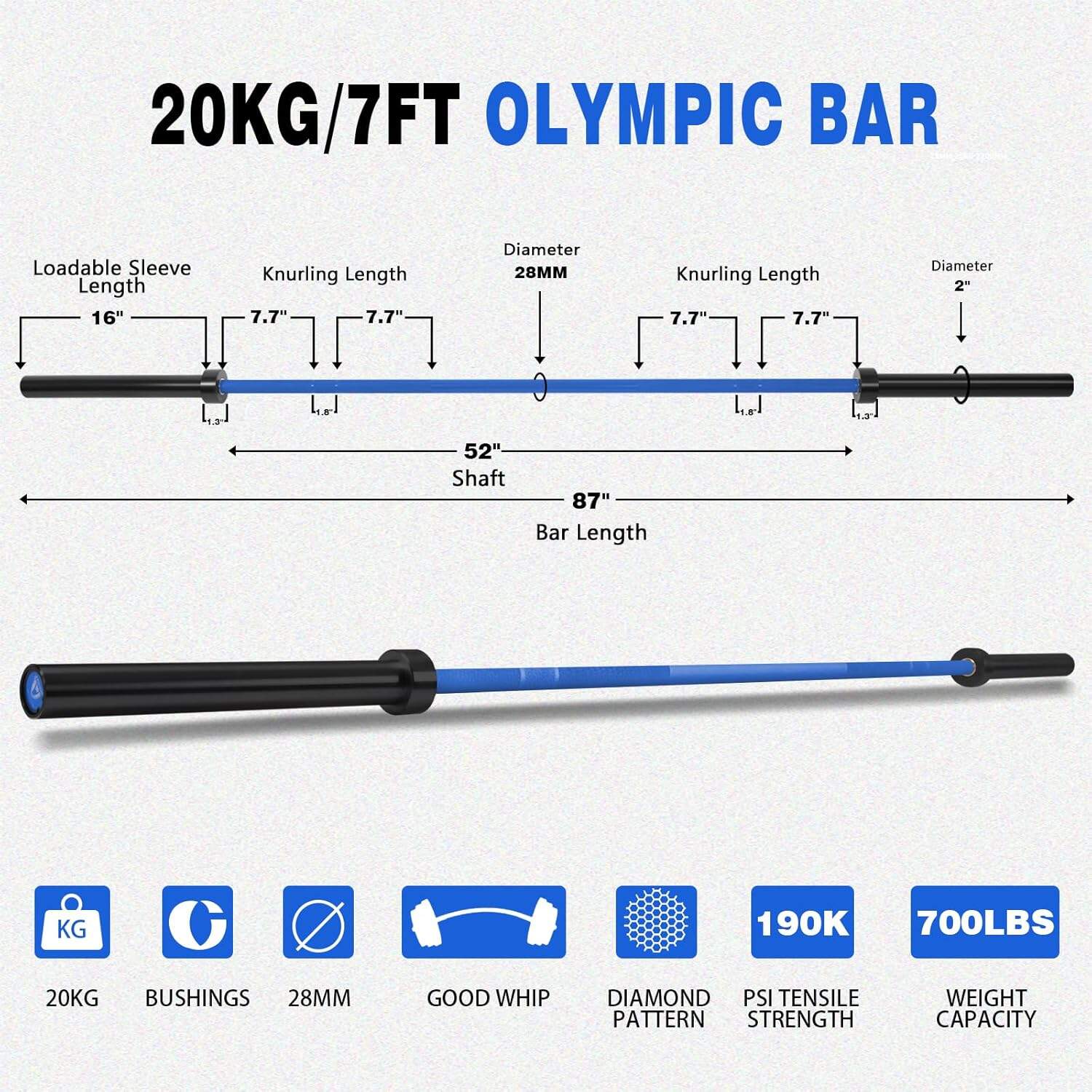 20KG/7FT Olympic bar with detailed measurements on a white background