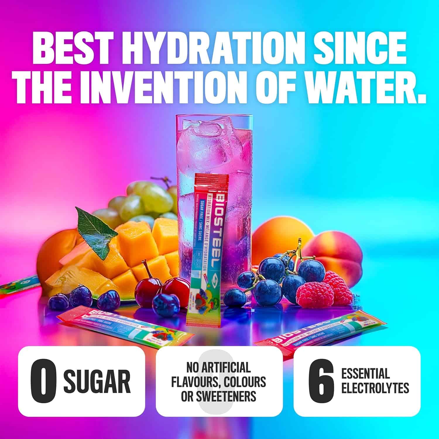 Biosote drink with fruits and text about hydration and product features on a colorful background