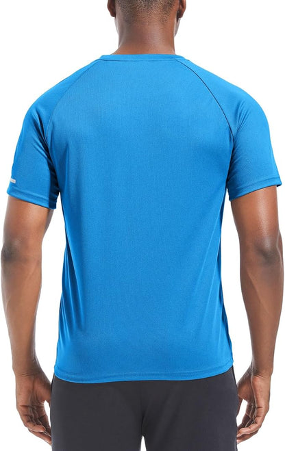 Person wearing a blue athletic shirt on a white background