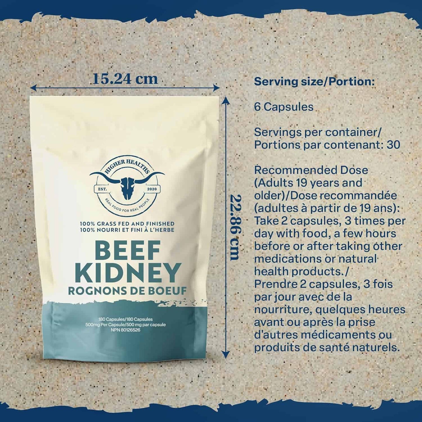 Beef kidney supplement package with measurements and text on a textured background
