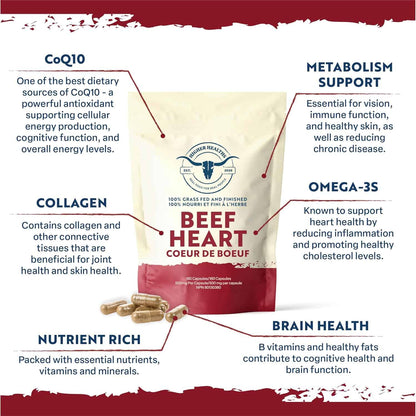 Beef heart product packaging with health benefits listed on a white background