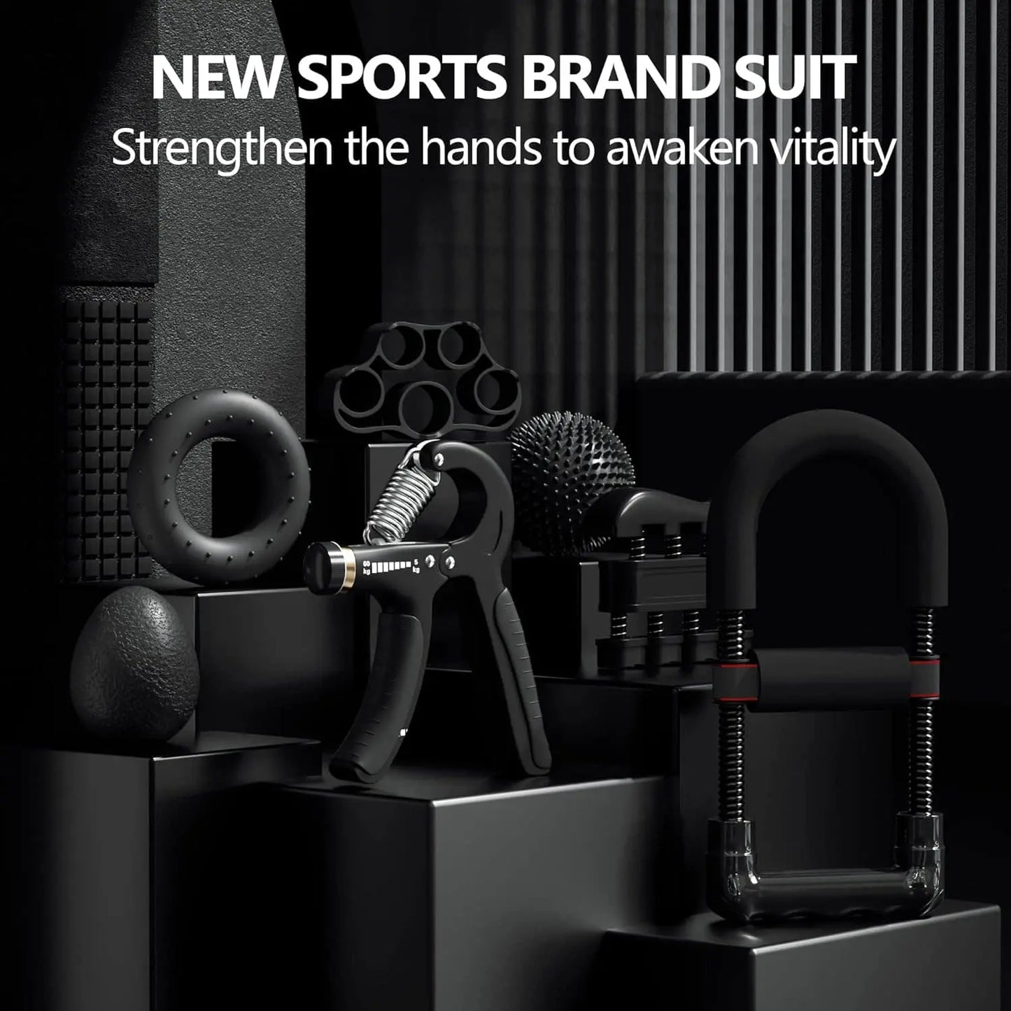 Hand grip strengthener with text 'NEW SPORTS BRAND SUIT' and 'Strengthen the hands to awaken vitality' on a dark background.