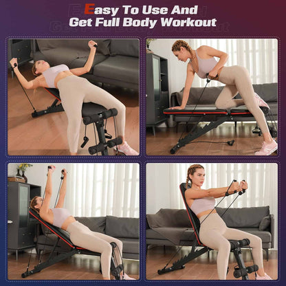 Woman using a home gym set with various exercises in different rooms.