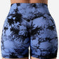 Blue and black patterned shorts on a white background