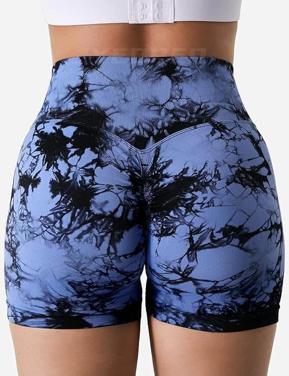 Blue and black patterned shorts on a white background
