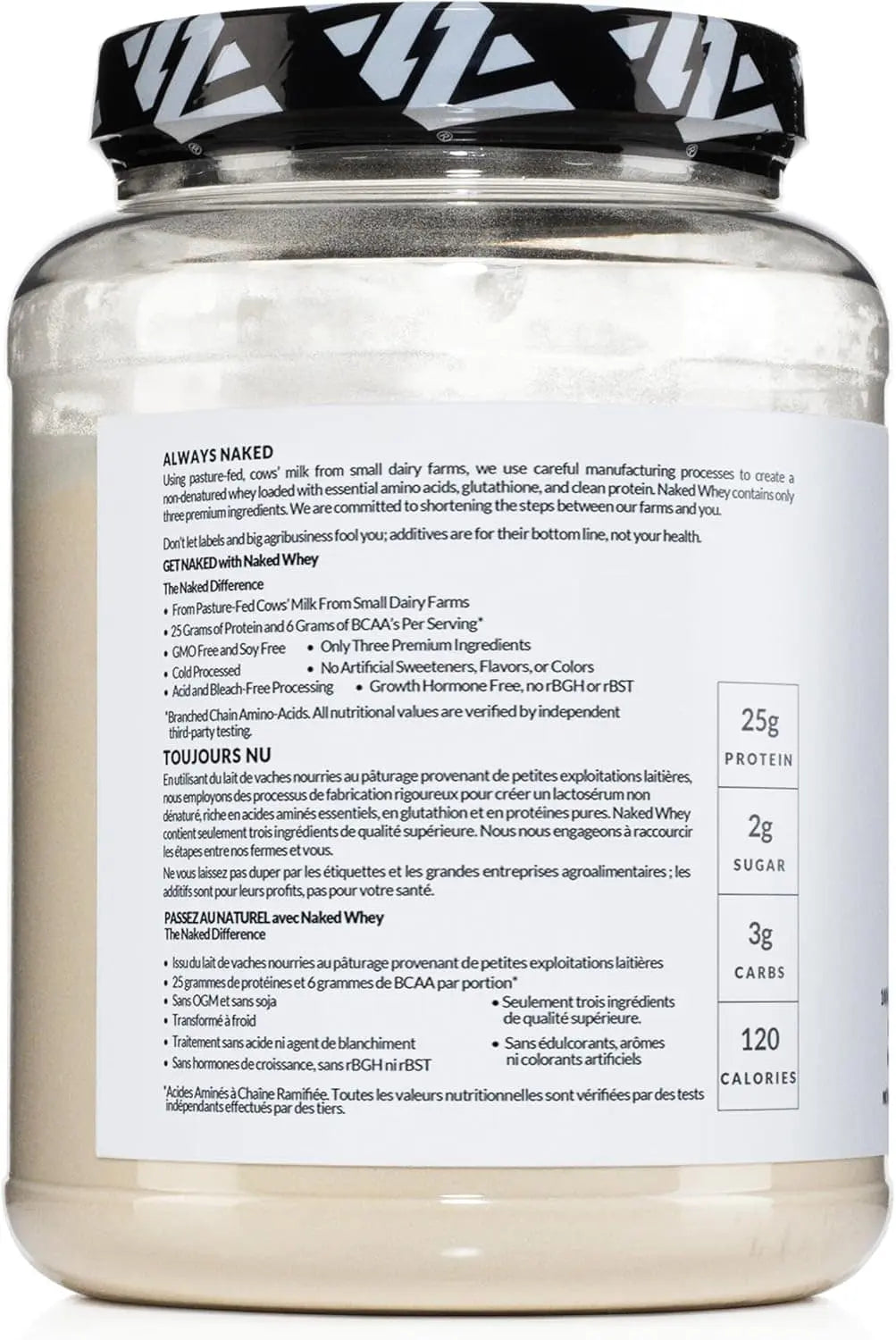 Supplement container with label showing nutritional information and branding