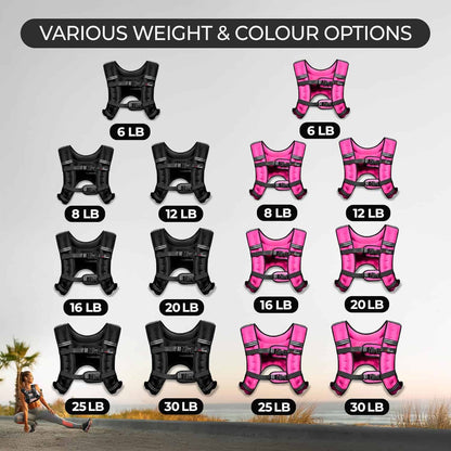 Weighted vests in various colors and weights on a neutral background